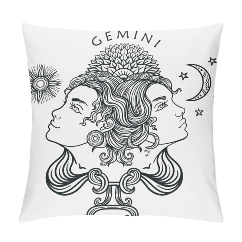 Personality  Hand Drawn Romantic Beautiful Line Art Of Zodiac Gemini. Vector Illustration Isolated. Ethnic Design, Mystic Horoscope Symbol For Your Use. Ideal For Tattoo Art, Coloring Books. Zentangle Style. Pillow Covers