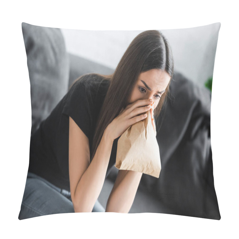 Personality  Young Woman Breathing Into Paper Bag While Suffering From Panic Attack At Home Pillow Covers