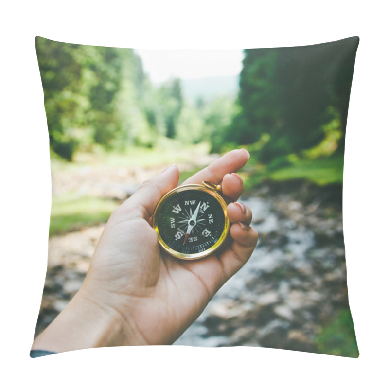 Personality  Compass In The Hand On The Nature Background.  Pillow Covers