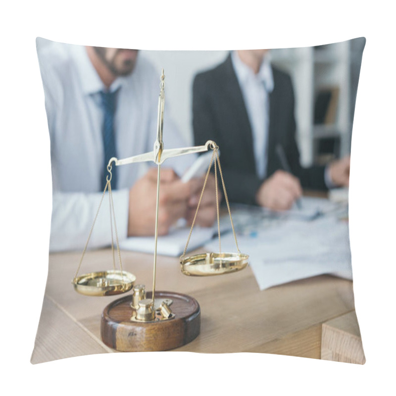 Personality  Financiers Working In Office With Golden Scales On Foreground Pillow Covers