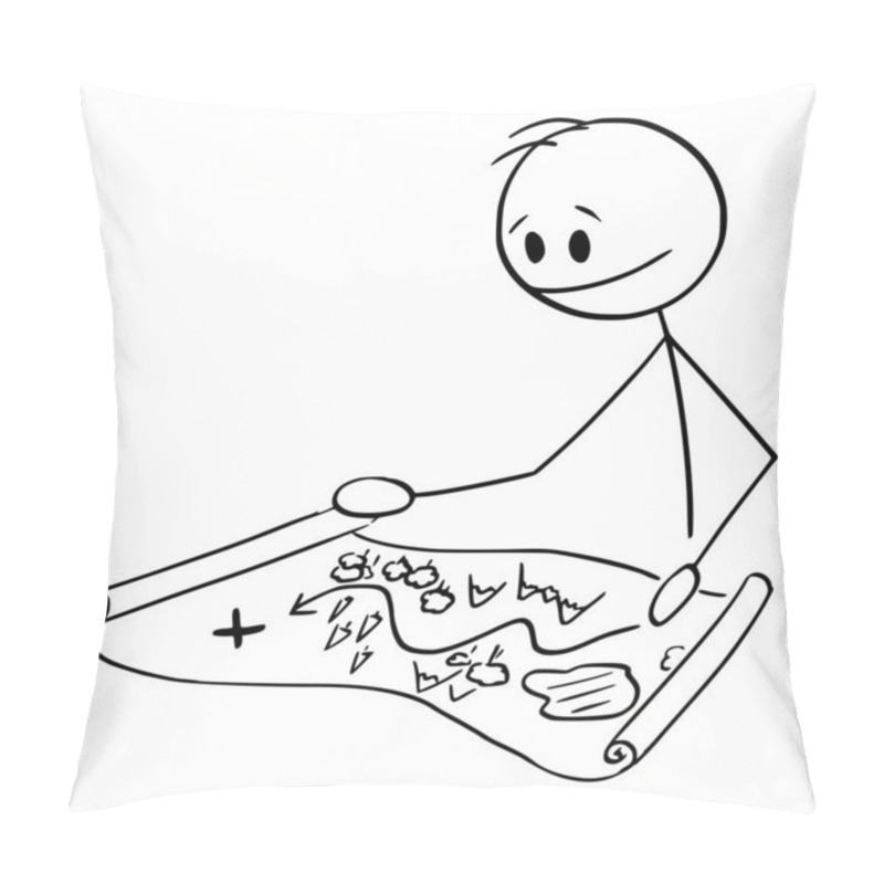 Personality  Adventurer Examining Old Treasure Map, Vector Cartoon Stick Figure Illustration Pillow Covers