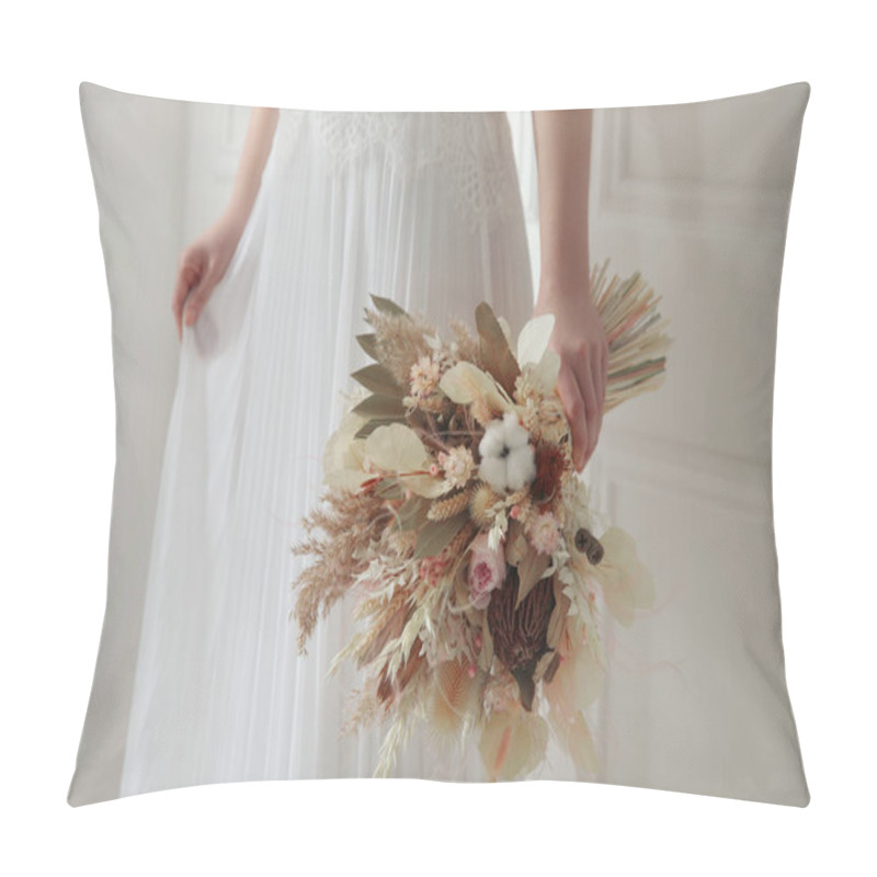 Personality  Bride Holding Beautiful Dried Flower Bouquet At Home, Closeup Pillow Covers