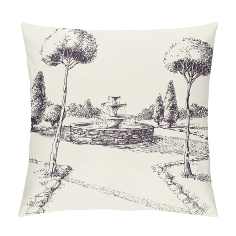 Personality  Water Fountain In A Park Hand Drawing. Park Alley Sketch Pillow Covers