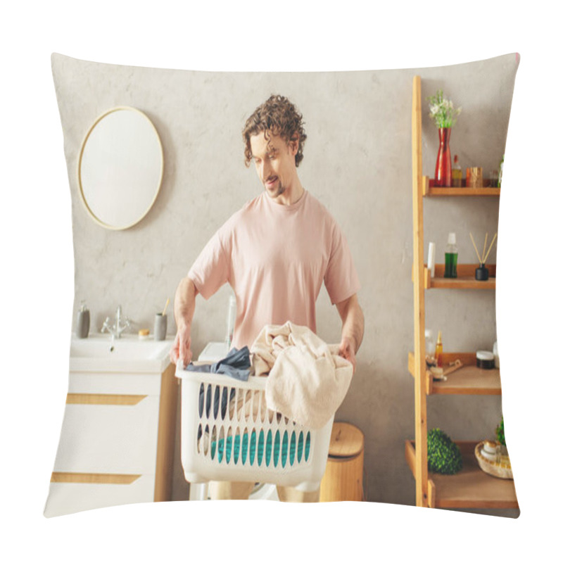 Personality  Handsome Man In Cozy Homewear Holds Laundry Basket In Bathroom. Pillow Covers