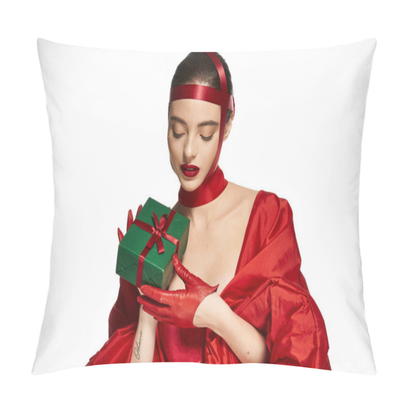 Personality  Elegant Figure Dressed In Striking Red, Gently Cradling A Beautifully Wrapped Present. Pillow Covers