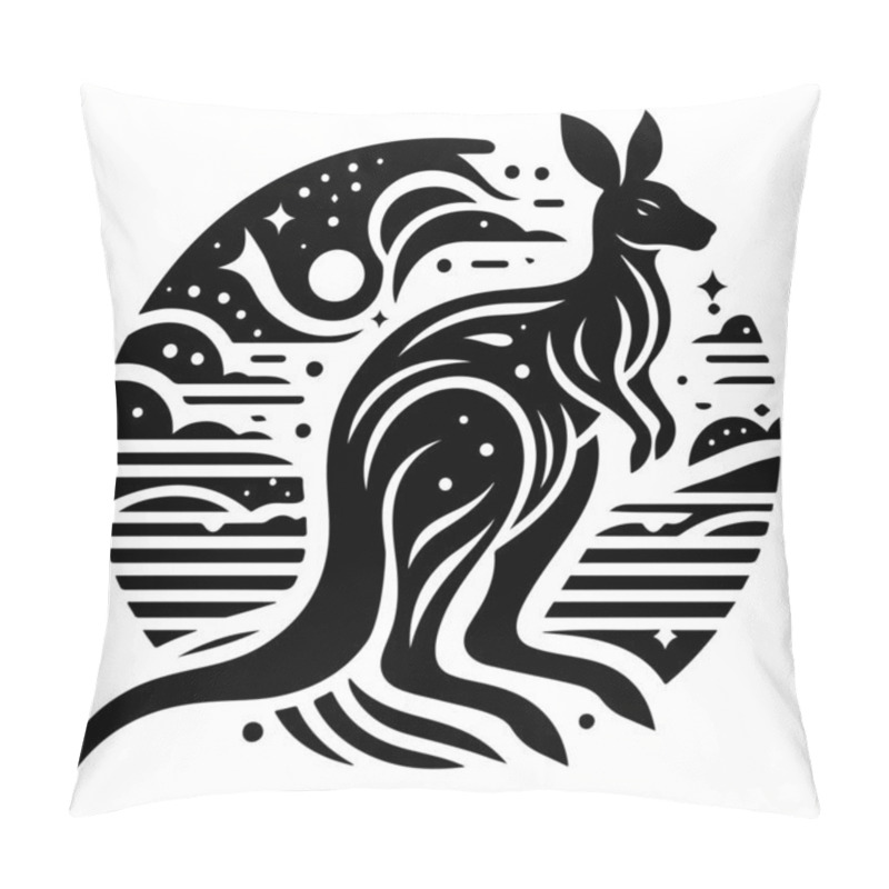 Personality  This Captivating Black And White Illustration Features A Stylized Kangaroo Silhouette Set Against A Cosmic Background. The Design Incorporates Swirling Patterns, Stars, And Celestial Elements, Creating A Mesmerizing Blend Of Nature And The Universe.  Pillow Covers