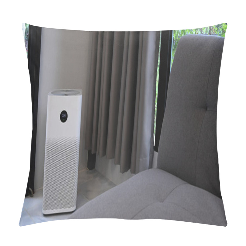 Personality  Air Purifier On Floor In Living Room. Fresh Air And Healthy Life. Pillow Covers