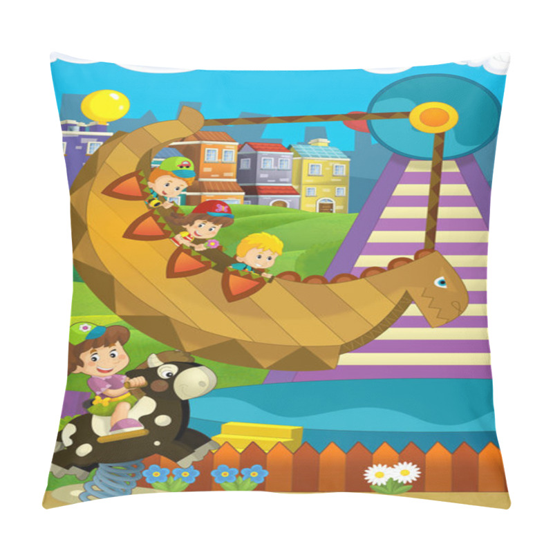 Personality  Cartoon Scene With Kids Playing In The Funfair Pillow Covers