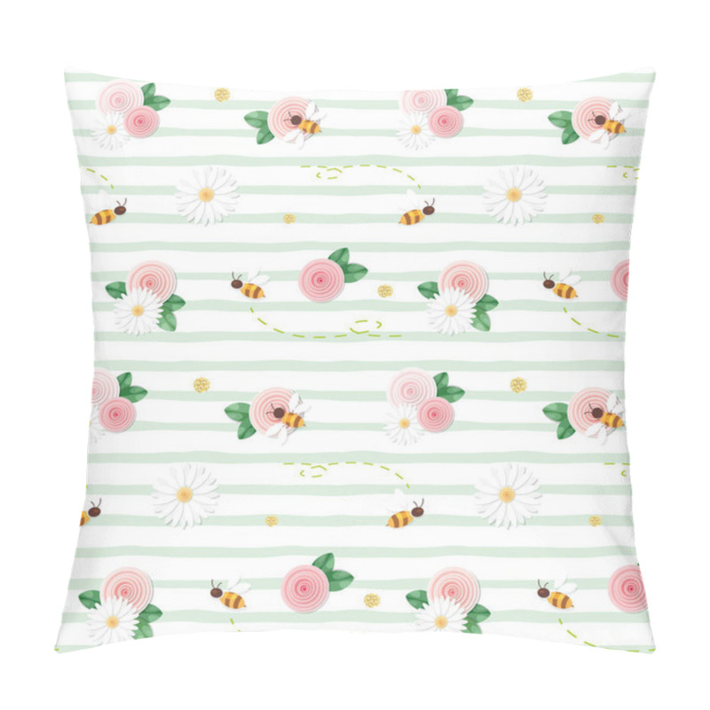 Personality  Summer Floral Seamless Pattern. Roses, Chamomiles, Flying Bees On Stripped Green Background. Pillow Covers