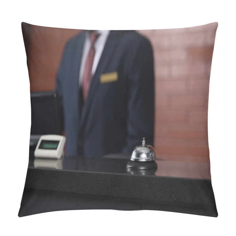 Personality  Hotel Reception Desk With Bell And Blurred Receptionist On Background Pillow Covers