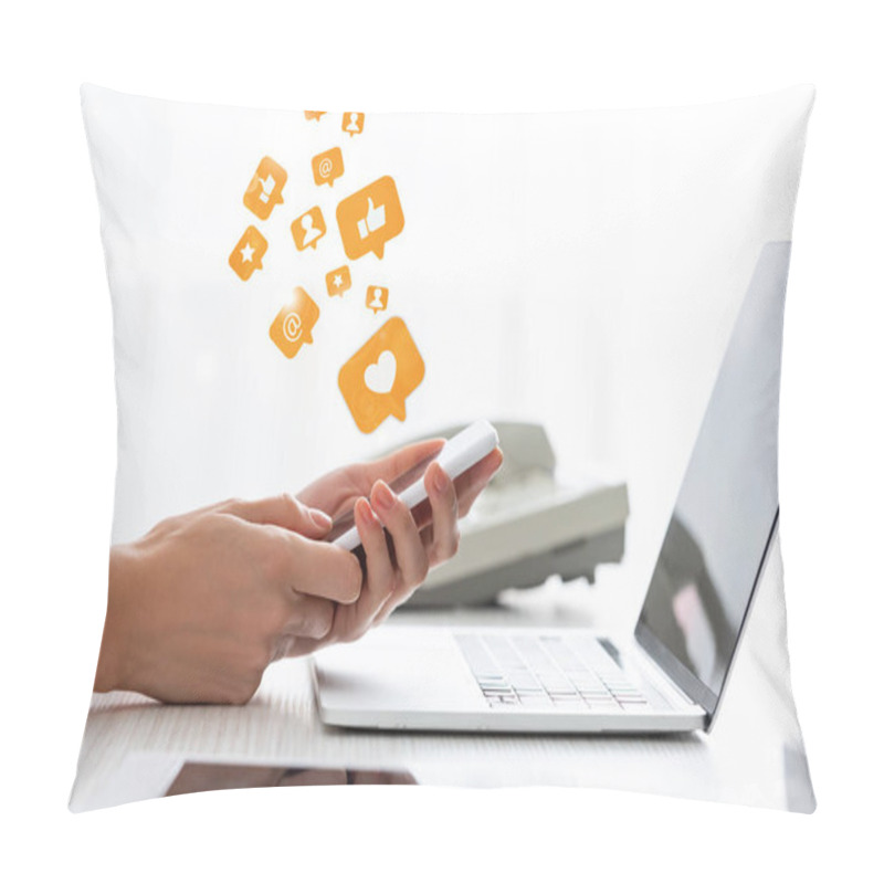 Personality  Cropped View Of Businesswoman Using Smartphone Near Digital Tablet And Laptop On Table, Social Media Illustration Pillow Covers