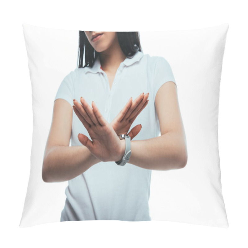 Personality  Partial View Of Asian Girl Showing No Gesture Isolated On White Pillow Covers