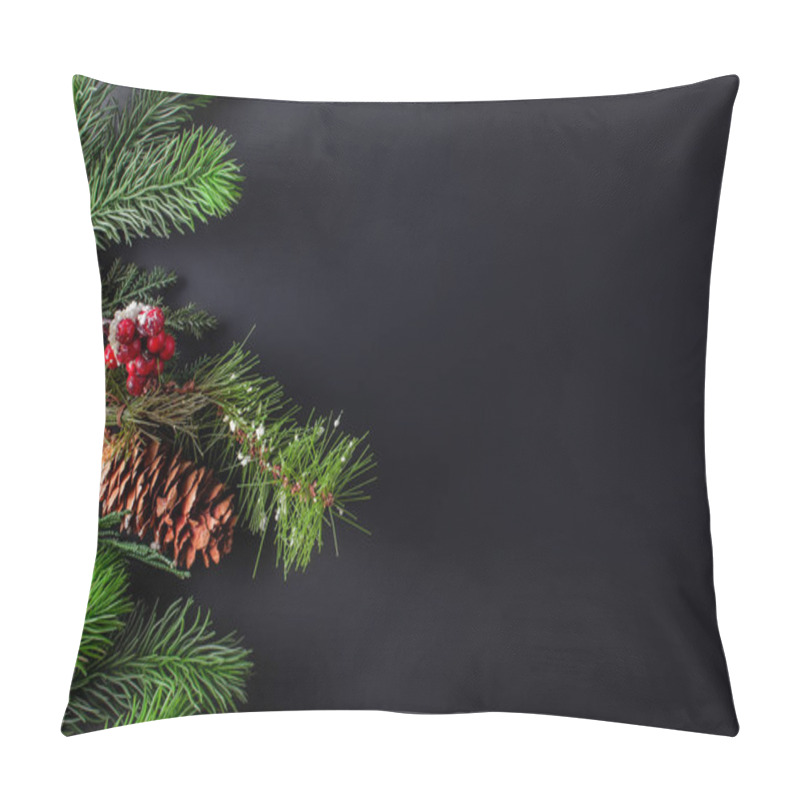 Personality  Christmas Decoration Black Background With Pine Twigs And Cone Pillow Covers