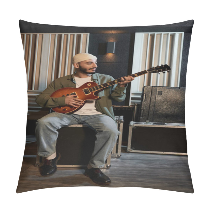 Personality  A Musician Sitting In A Recording Studio Strums A Guitar, Deeply Immersed In Creating Music For The Bands Upcoming Performance. Pillow Covers