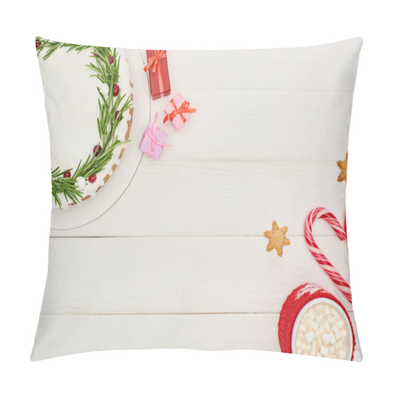 Personality  Top View Of Christmas Pie, Presents, Candy Canes And Cup Of Cocoa With Marshmallows On White Wooden Table Pillow Covers