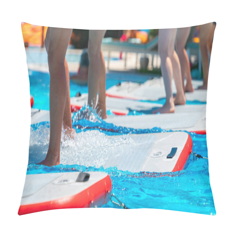 Personality  Close-up Of Feet Making Splashes While Balancing On Paddleboards In A Sunny Resort Pool. Concept Of Active Outdoor Activities And Tropical Wellness Pillow Covers