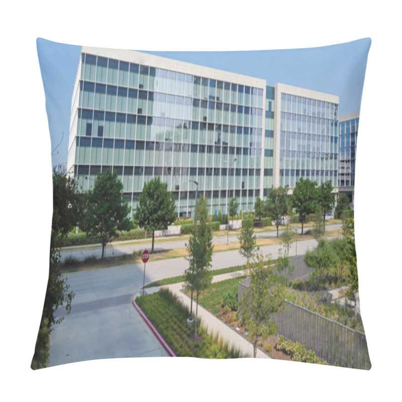 Personality  Group Of Glass Office Building With Nice Landscaping And Outdoor Recreation Yard In Business Center Downtown Plano, Texas, USA. Aerial View Modern Corporate Towers In Dallas Fort Worth Metro Complex Pillow Covers