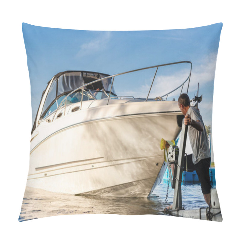 Personality  Big Luxury Cabin Motorboat Cruiser Yacht Launching At Trailer Ramp On River Or Lake. Mechanic Worker Man Assist Putting Boat In Calm Water Surface. Luxury Rich Fishing Leisure Recreation Lifestyle Pillow Covers