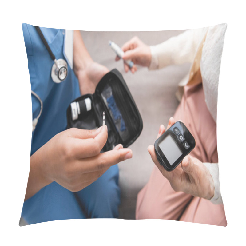 Personality  Top View Of Multiracial Nurse In Uniform Holding  Test Strip Near Senior Woman Holding Lancet Pen And Glucometer  Pillow Covers