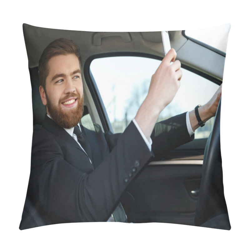 Personality  Side View Of Smiling Business Man Making Selfie Pillow Covers