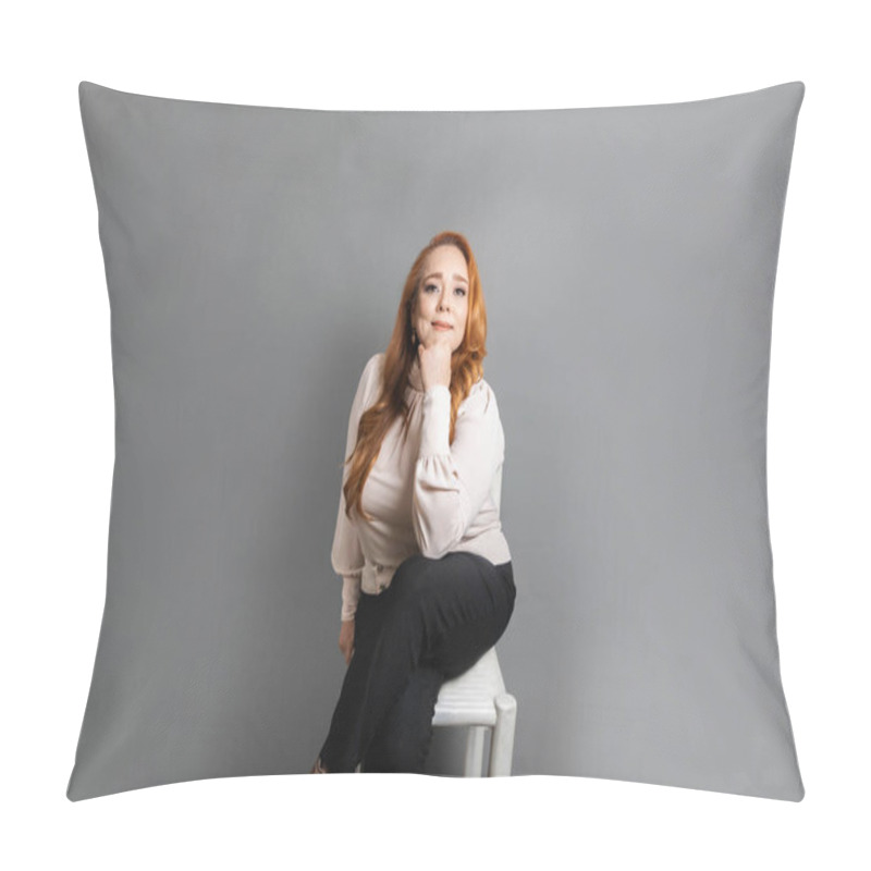 Personality  Beautiful And Mature Elegant Caucasian Latina Business Woman Sitting On Chair Looking At Camera Pillow Covers