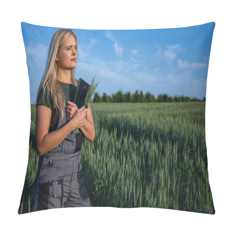 Personality  In The Midst Of A Sun-kissed Wheat Field Stands A Female Farmer, Her Face Adorned With A Pensive Expression As She Gazes Towards The Horizon. With One Hand Clasping A Tablet Close To Her Body, She Pillow Covers