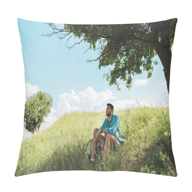 Personality  Young Traveler With Backpack Sitting On Green Summer Meadow Pillow Covers