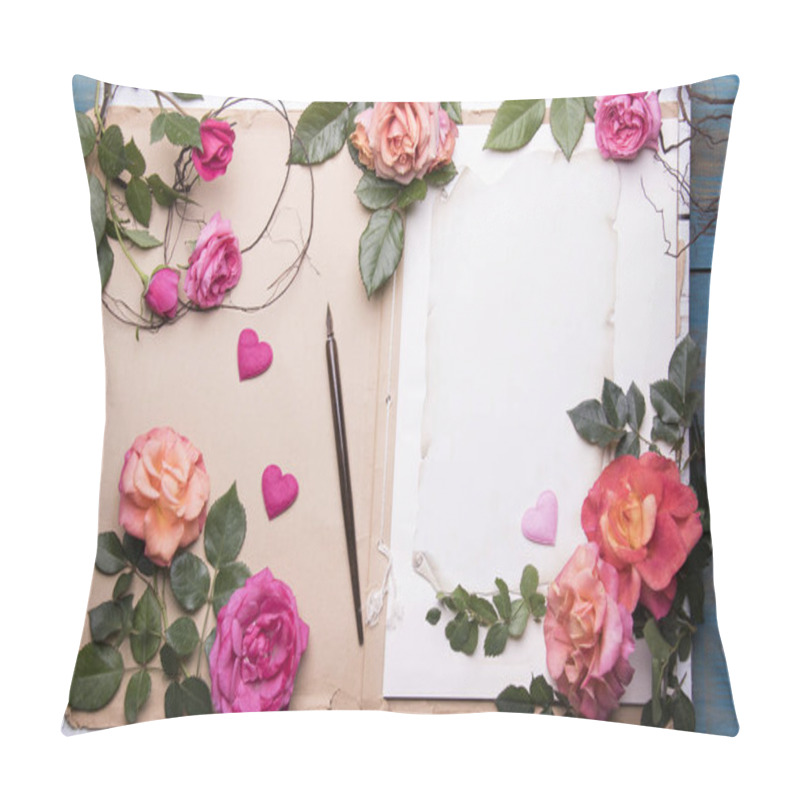 Personality  Aged Paper Sheets With Fresh Rose Flowers And Old Nib Pen Brush Pillow Covers