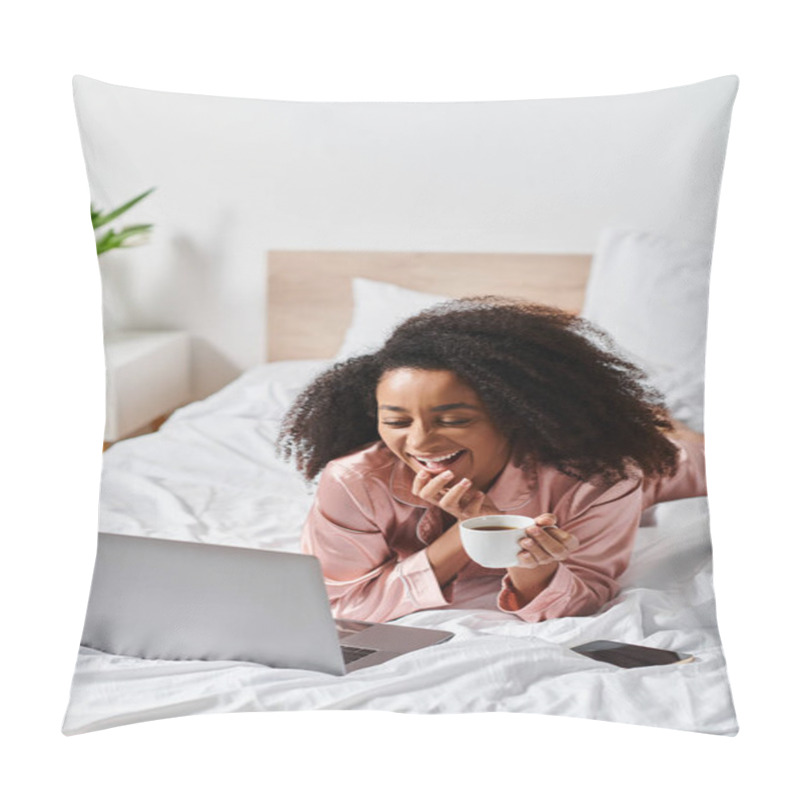 Personality  A Curly African American Woman In Pajamas Peacefully Lays On A Bed, Enjoying A Laptop And A Cup Of Coffee In Her Bedroom In The Morning. Pillow Covers