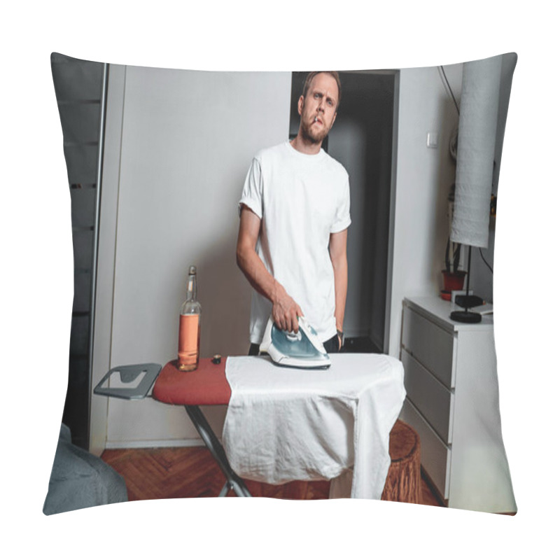 Personality  A Man In A White T-shirt With A Cigarette And A Drink Ironing His Shirt Pillow Covers