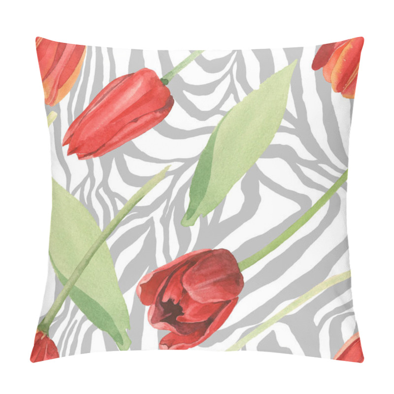 Personality  Red Tulips With Green Leaves On Grey And White Zebra Background. Watercolor Illustration Set. Seamless Background Pattern. Pillow Covers