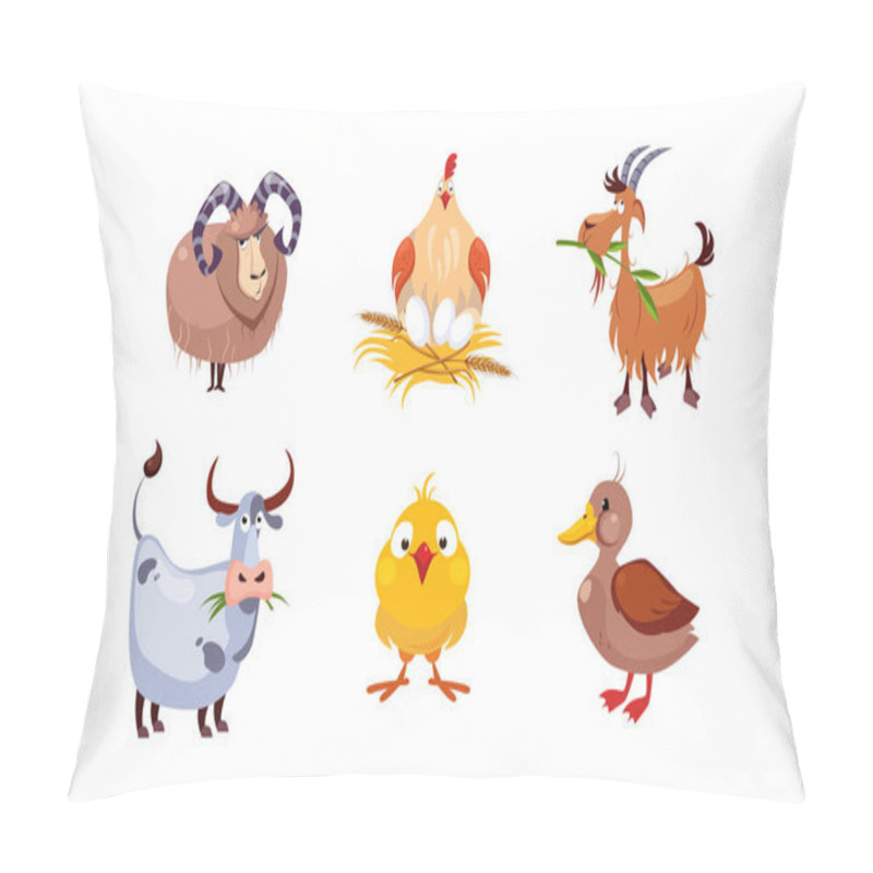 Personality  Cute Cartoon Farm Animals Set, Sheep, Hen, Goat, Cow, Duck, Vector Illustration Pillow Covers