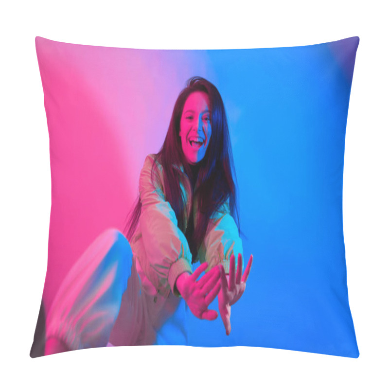 Personality  The Brunette Dances In Neon, The Dancer In Red-blue. Hip Hop Girl, Party, Smile. Model In Flight, Jumping. Bright Photo, Emotions. Pillow Covers