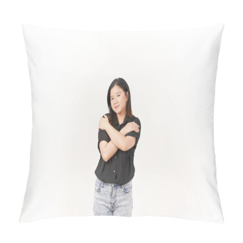 Personality  Beautiful Asian Woman Places Her Hand Gently On Her Chest, Expressing Sincerity Or Gratitude, Against A White Background Pillow Covers