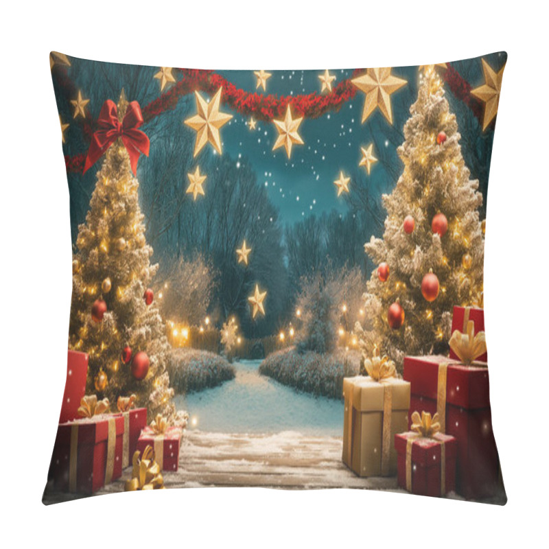 Personality  Christmas Trees Lit With Red And Gold Garlands In A Snowy Forest With Star-Shaped Snowflakes Near Christmas Gifts In Red Boxes. Merry Christmas. Generated With AI Pillow Covers