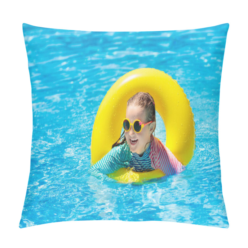 Personality  Child With Sunglasses In Swimming Pool. Little Girl On Inflatable Ring. Kid With Colorful Float. Kids Learn To Swim And Dive In Outdoor Pool Of Tropical Resort. Sun Protection And Eye Wear. Water Fun. Pillow Covers