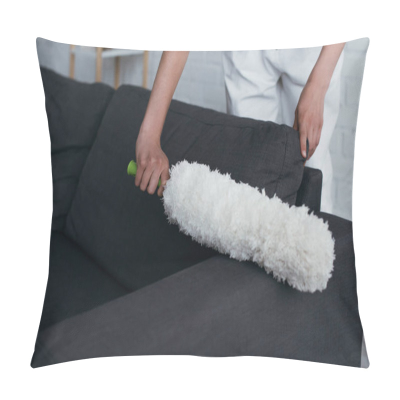 Personality  Partial View Of Young Woman Cleaning Couch At Home With Dust Brush Pillow Covers