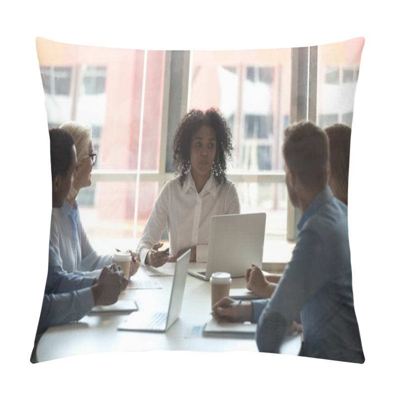 Personality  Five Diverse Business People Negotiating At Modern Boardroom  Pillow Covers