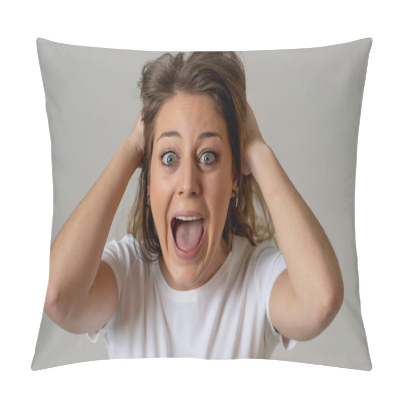 Personality  Portrait Of Beautiful Shocked Woman Winning The Lottery Or Having Great Success With Surprised And Happy Face And Gestures In Facial Expression, Human Emotions And Celebration. Isolated On White. Pillow Covers