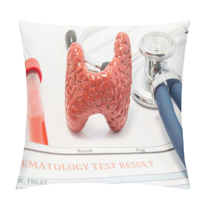 Personality  Anatomical Model Of Thyroid Gland, Stethoscope And Blood Test Results Are On Doctor Table. Concept For The Diagnosis Or Testing Of Thyroid Diseases Through Thyroid Blood Tests And Treatment Disorders  Pillow Covers