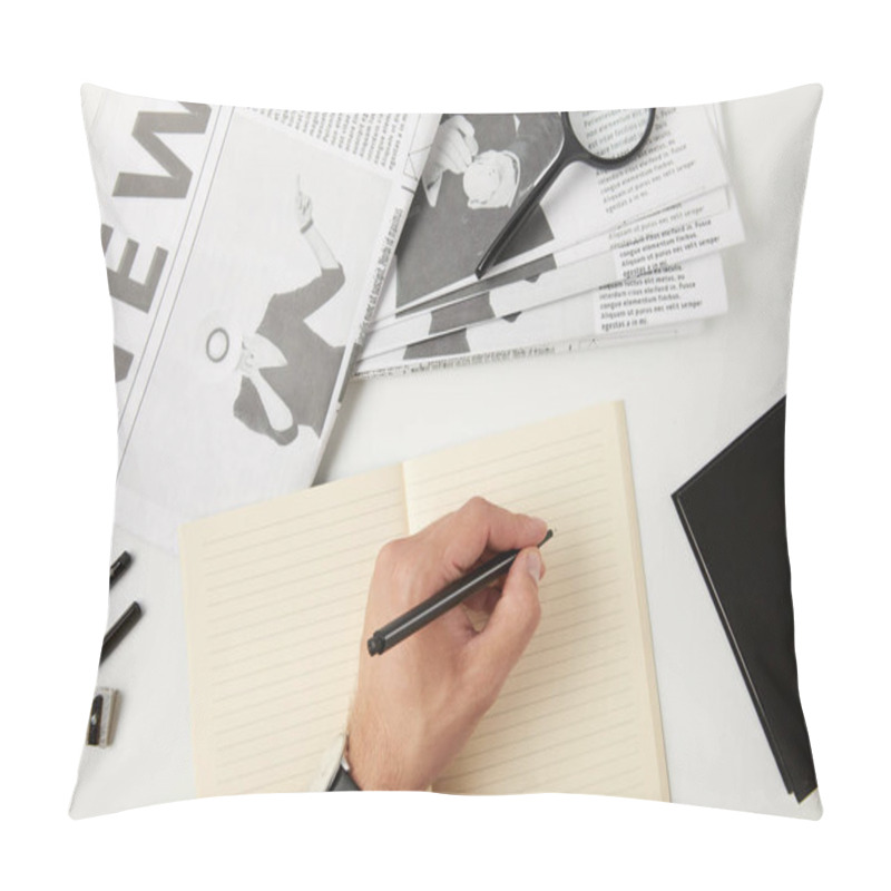 Personality  Partial Top View Of Person Writing In Blank Notebook, Newspapers, Magnifying Glass, Notebook And Office Supplies On Grey Pillow Covers