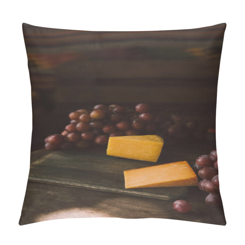 Personality  Close-up Shot Of Slices Of Cheese With Grapes On Cutting Board Pillow Covers