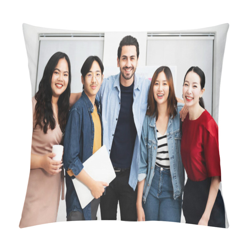 Personality  Portrait Of Business Teamwork Standing Together Feeling Happy And Smile. Multiethnic Diverse People Team Entrepreneur Startup Pillow Covers