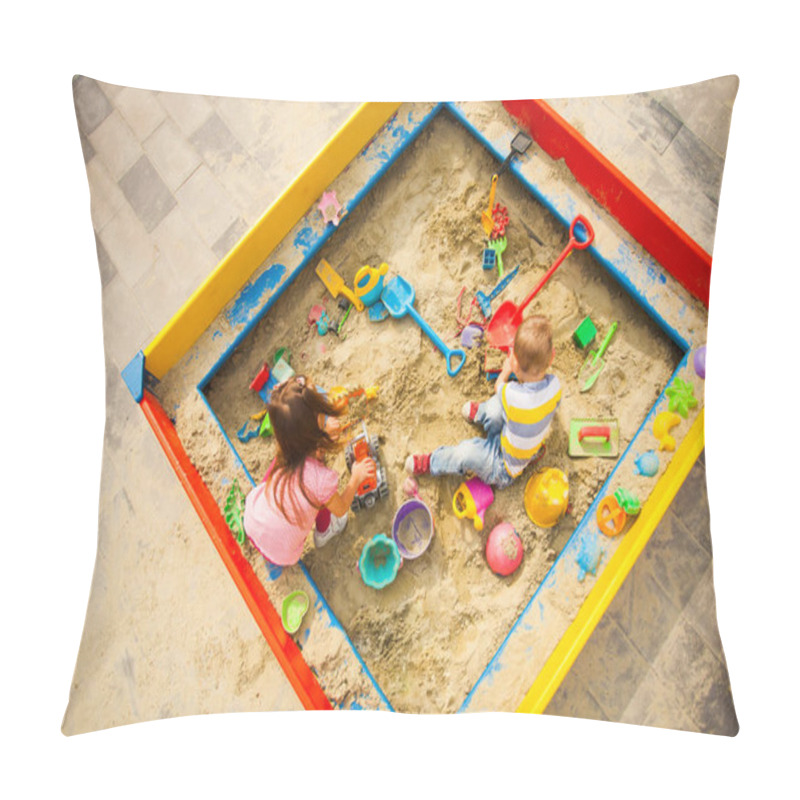 Personality  Happy Children Playing With Toys In Big Sandbox Outdoors, Top View Pillow Covers