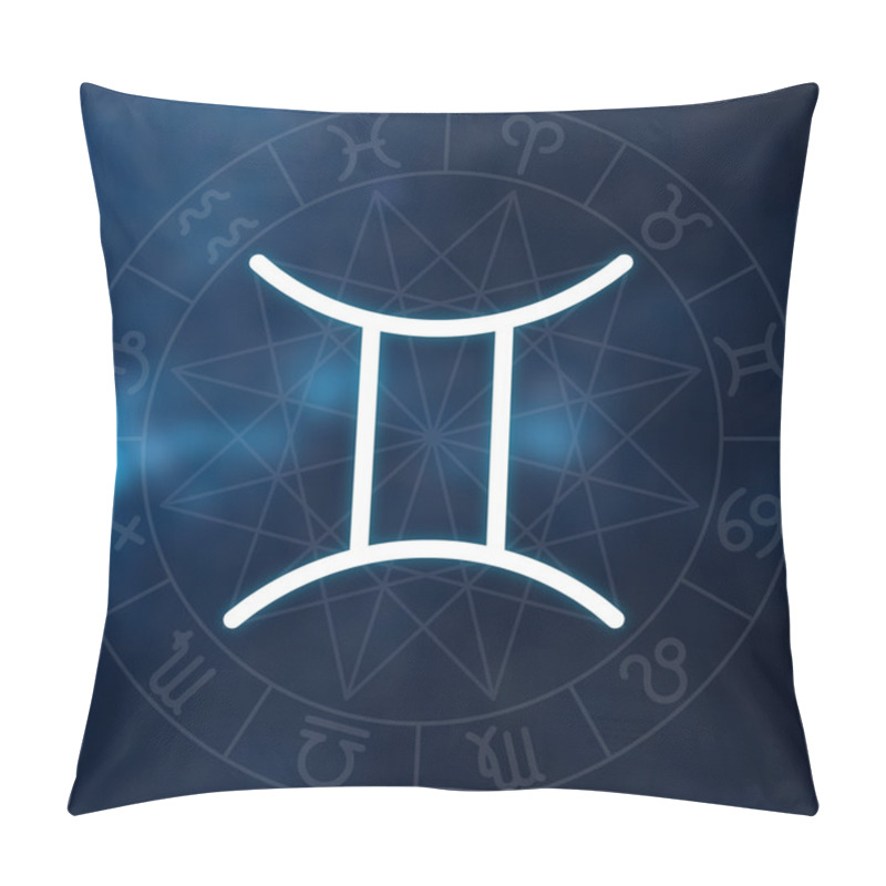 Personality  Zodiac Sign - Gemini. White Thin Simple Line Astrological Symbol On Blurry Abstract Space Background With Astrology Chart. Pillow Covers