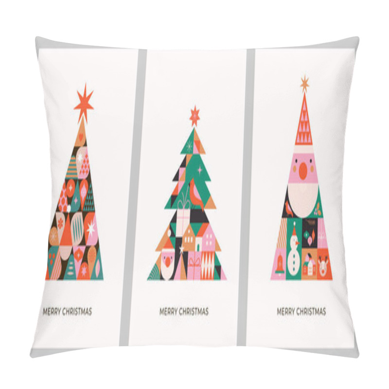 Personality  Christmas Trees In Modern Minimalist Geometric Style. Story Templates, Posters, Cards. Colorful Illustration In Flat Cartoon Style. Xmas Trees With Geometrical Patterns, Stars And Abstract Vector Pillow Covers