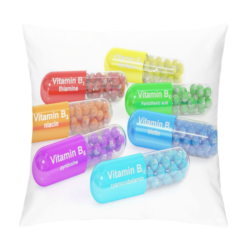 Personality  Set Of Vitamin Capsules B1, B2, B3, B5, B6, B7, B12. 3D Renderin Pillow Covers