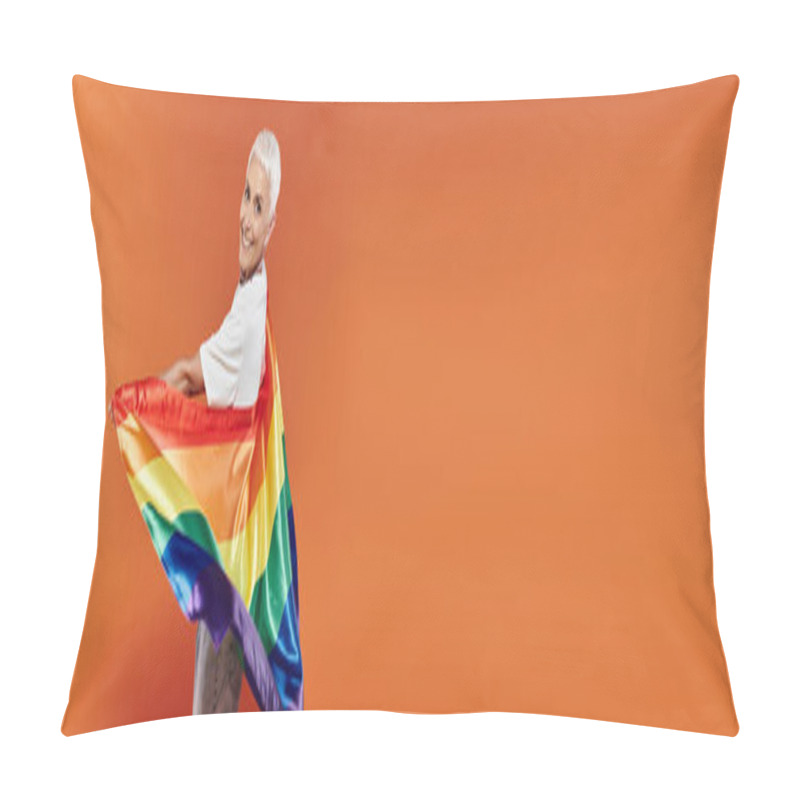 Personality  Mature Woman Joyfully Wraps Herself In A Rainbow Flag, Embracing Her Identity With Pride. Pillow Covers