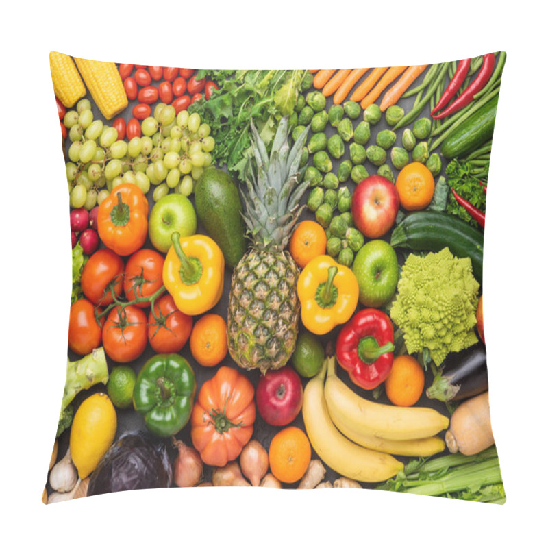 Personality  Healthy Eating Ingredients: Fresh Vegetables, Fruits And Superfood. Nutrition, Diet, Vegan Food Concept. Concrete Background Pillow Covers