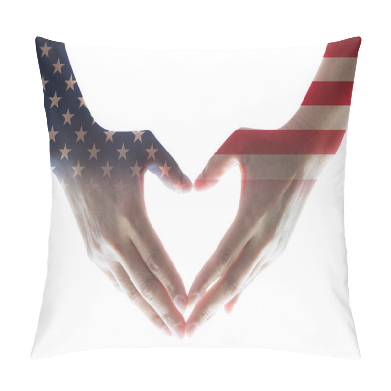 Personality  Isolated Woman Human Hands In Heart Shaped With The United States Of America Flag Pattern Pillow Covers